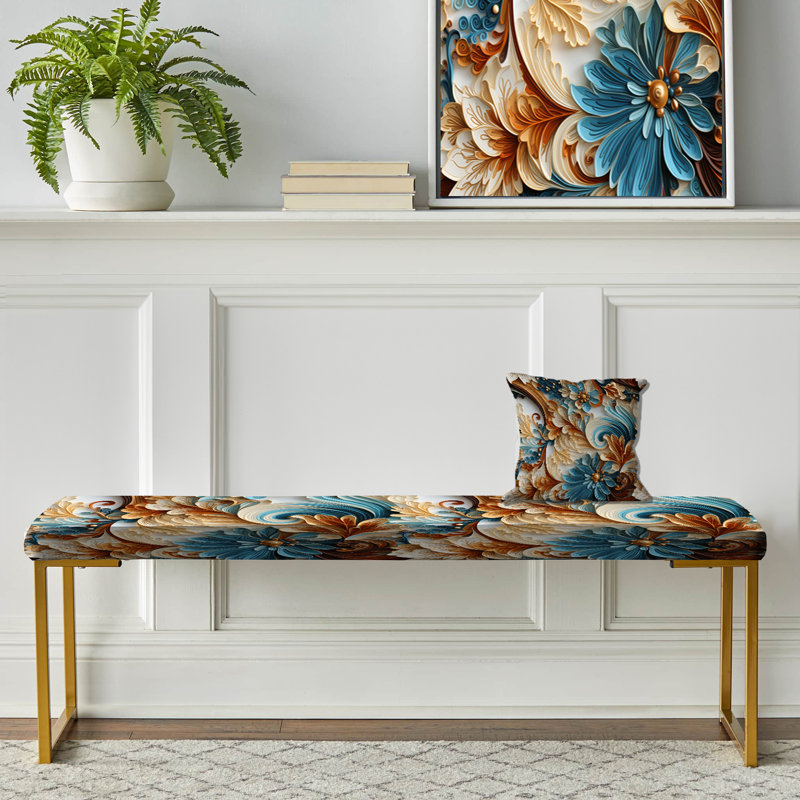 Banc floral rembourré or, Jardins rustiques à motif cachemire et turquoise