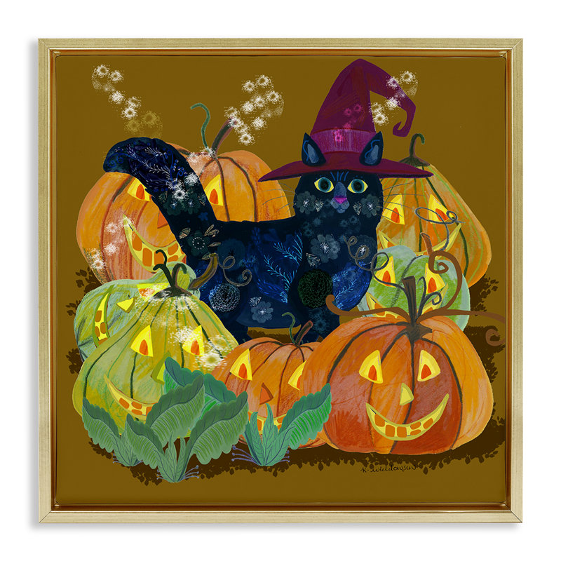 Chat avec cadre flottant Jack-o-Lanterns, design par Kay Widdowson, H 25 po x l 25 po, Cadre flottant métallique doré