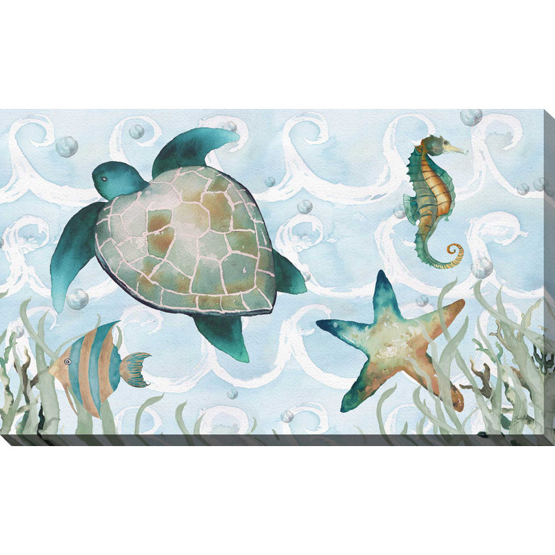 «Watercolor Sea Creatures Panel (Blue)», reproduction d'art à l'aquarelle, H 36 po x l 60 po x P 1,5 po, Toile tendue