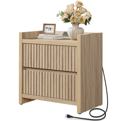 Modern Fluted 2-Drawer Nightstand With Charging Station