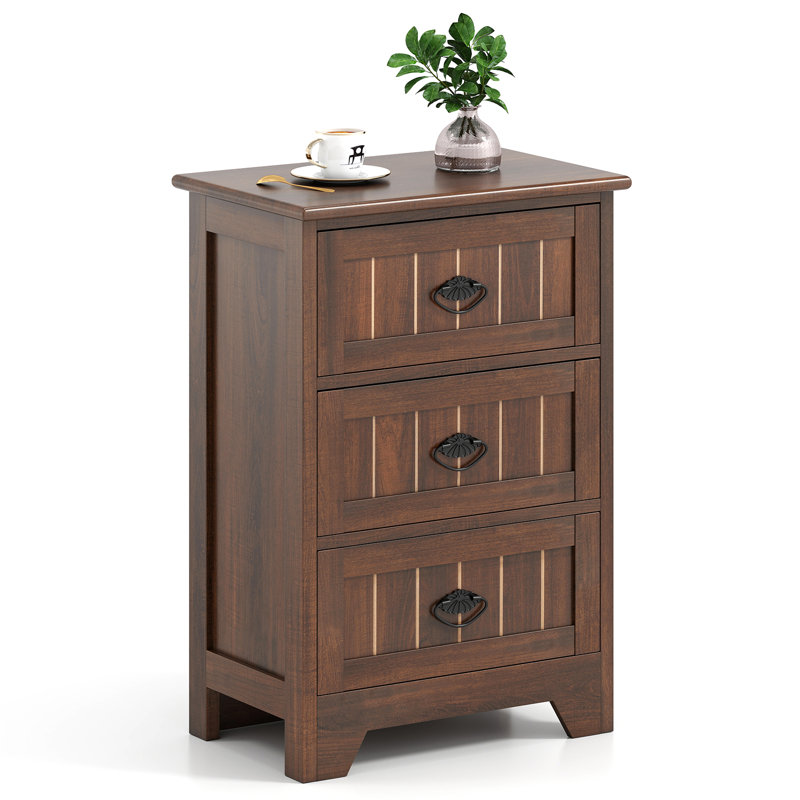 End Table Nightstand Bedroom Storage w/ 3 Drawers & Wood Slide, 1, Brown