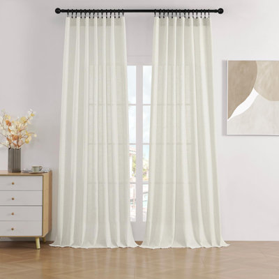 Linen Curtains 96 Inch Length 2 Panel Set,Light Filtering Curtain 52 Inch Wide Drapes With Rod Pocket Back Tab Farmhouse Curtain (96" Lx52 W, Ivory On Linen)