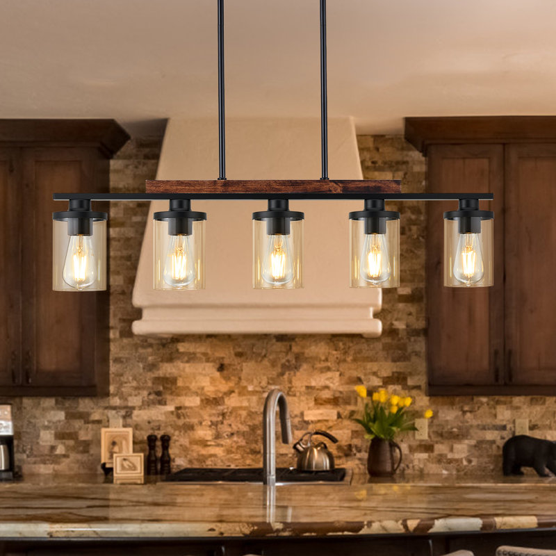 Luminaire suspendu 5 lumières en bois pour îlot de cuisine 34 "avec abat-jour en verre transparent, 120 V