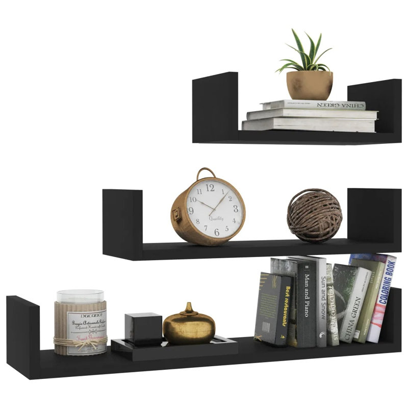 Abdulkadir 3 Piece Solid Wood Floating Shelf Set, 10cm H x 60cm W x 15cm D, Black