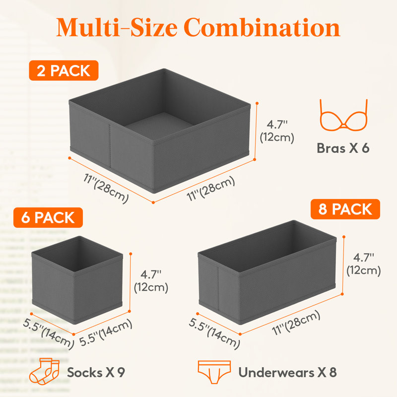 16 Pack Drawer Organizer, Dresser Underwear Drawer Organizer Bins, Foldable Fabric Closet Organizers, Storage Drawer Dividers, Dorm Room Essentials For Clothing, Socks, Towels, Ties Gray