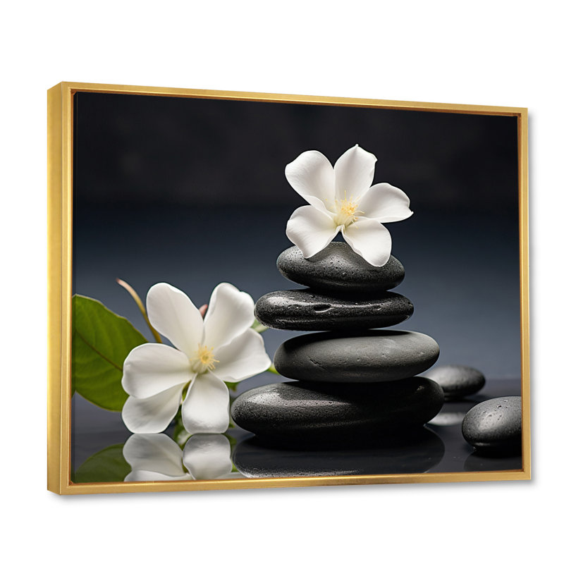 «Zen Black River Stone Blooming Magnolias», reproduction sur toile Lily, H 30 po x l 40 po x P 1,5 po, Cadre flottant doré