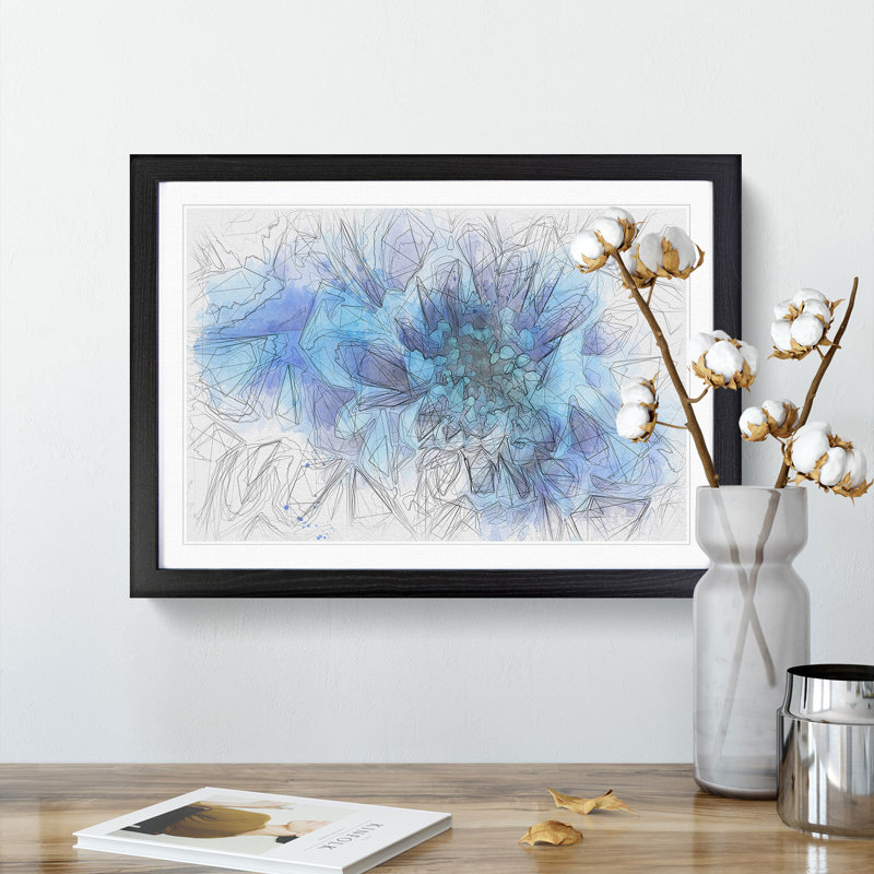 Blue Dahlia Flower - Picture Frame Graphic Art Print, 36cm H x 48cm W x 2cm D, Black Framed