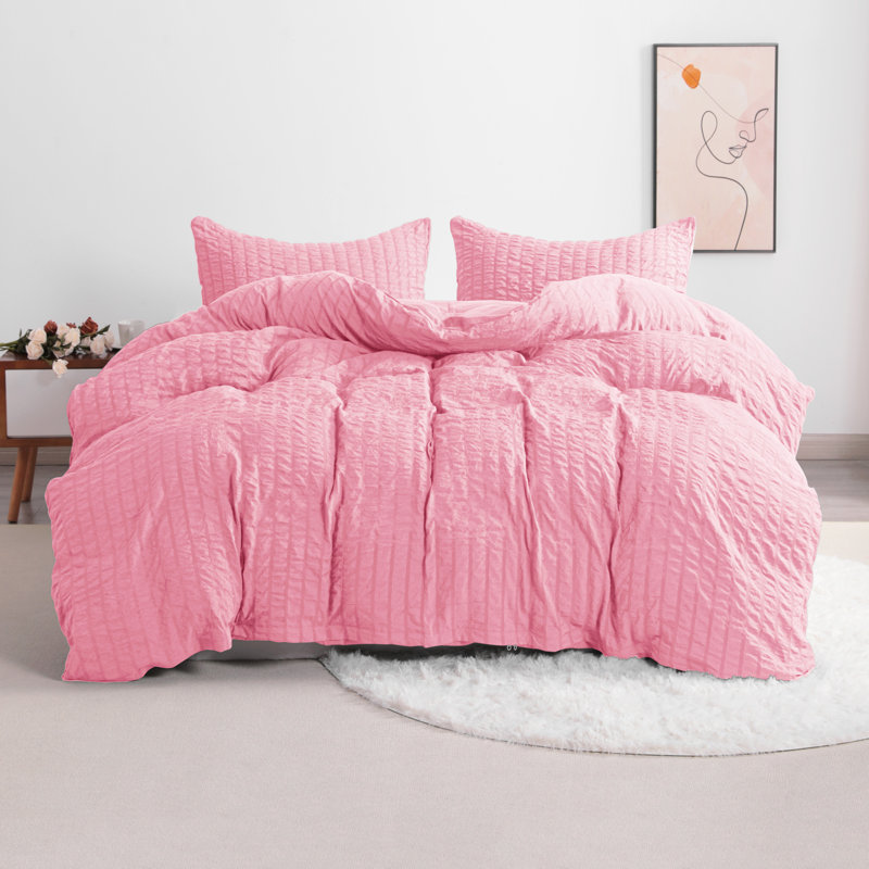 3 Pieces Duvet Cover Set, Stripe Washed Microfiber Comforter Cover with Zipper Closure - NTBAY, Pink