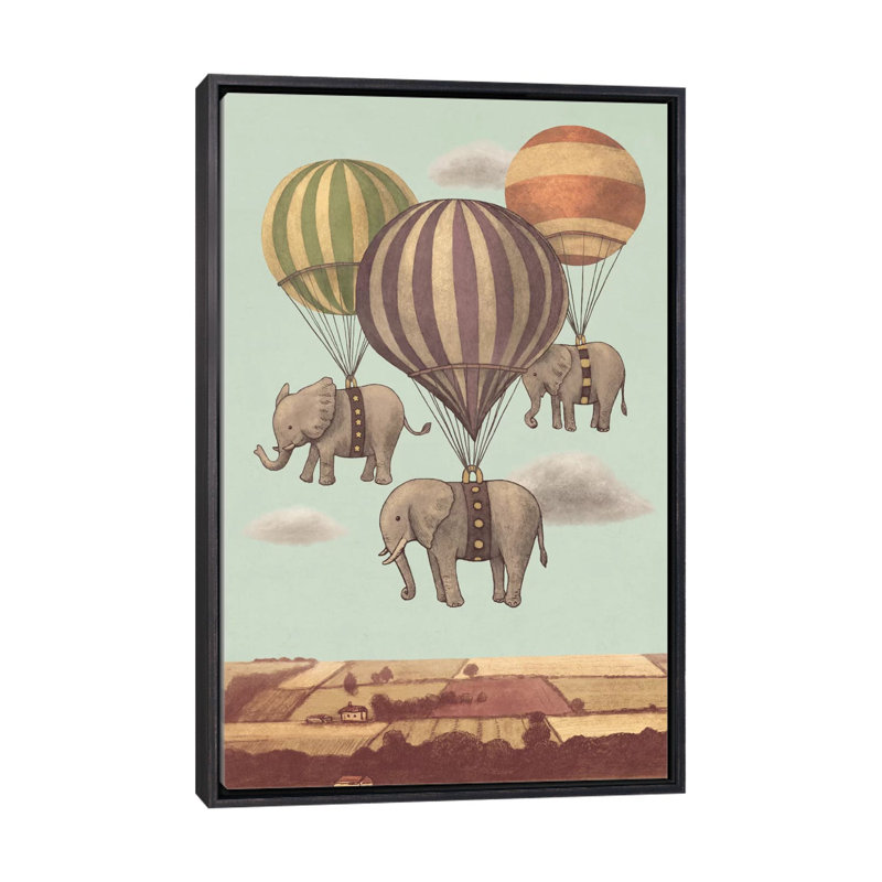 «Flight of the Elephants Mint» par Terry Fan - impression, H 26 po x l 18 po x 1,5 po, Toile avec cadre noir patiné