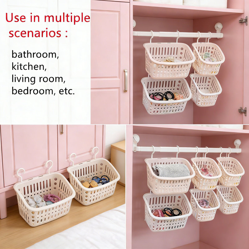 Paniers de rangement suspendus en plastique avec crochets, organisateur mural avec trous de ventilation et base antidérapante, conception emboîtable peu encombrante pour la salle de bain, la cuisine, le garde-manger et la chambre à coucher (paquet de 3)