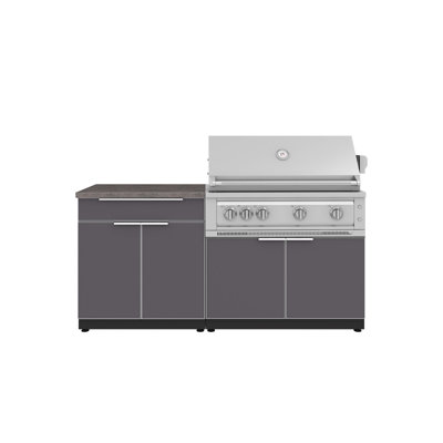 Ensemble de 4 armoires en aluminium pour cuisine extérieure avec barbecue Platinum de 40 po (101,6 cm) fonctionnant au propane et comptoir en pierre reconstituée Saga Gray de 32 po (81,3 cm).