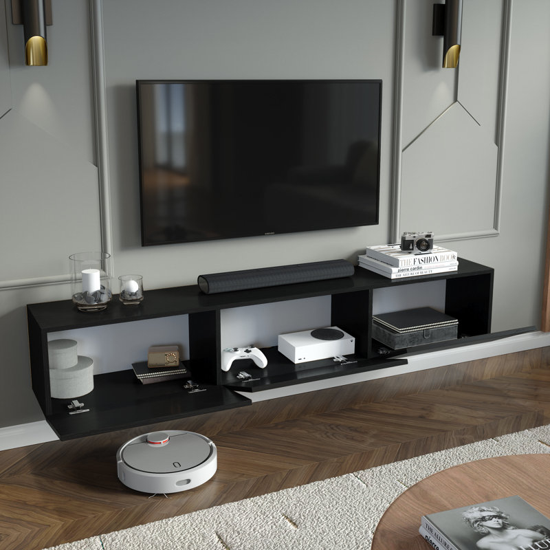 Colima Modern Floating TV Stand Up to 80" TVs Wall-Mounted Media Console with Storage Cabinet, Black Wood Grain