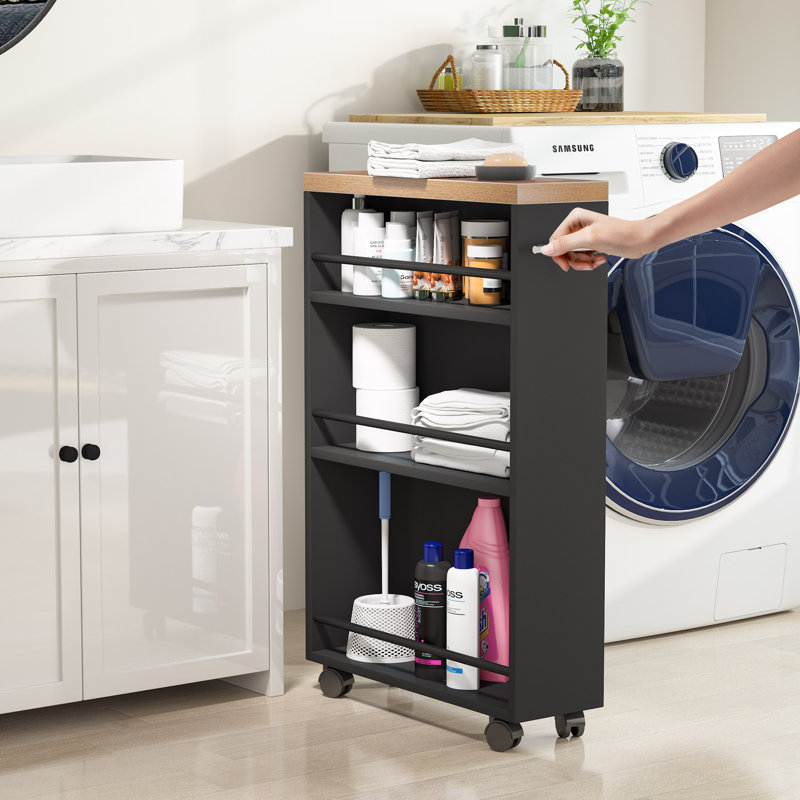 Black Wood Slim Kitchen Cart with Storage and Wheels