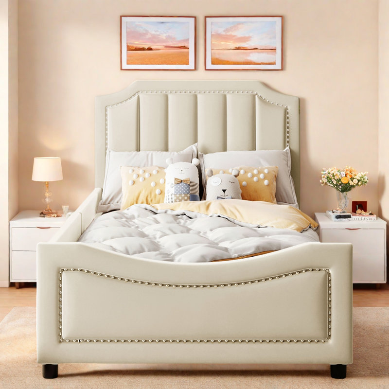 Upholstered Daybed With Classic Stripe Shaped Headboard, Beige