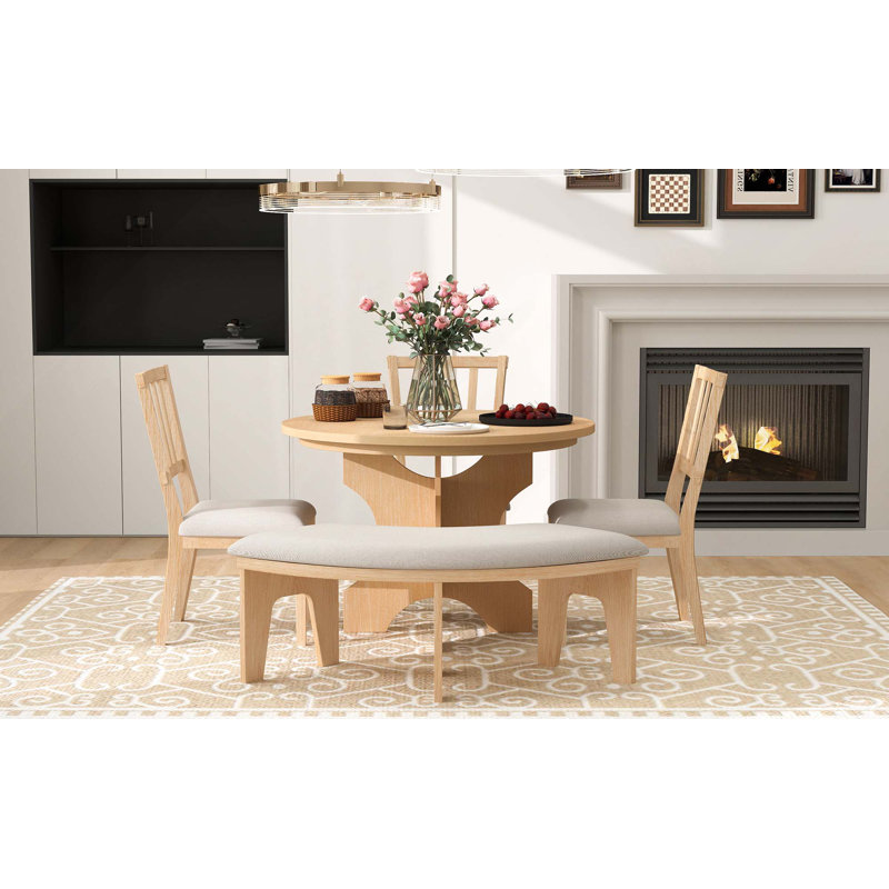 Ensemble de salle à manger 5 pièces Rustic Charm, table ronde en bois avec 3 chaises rembourrées et 1 banc incurvé pour la salle à manger, la cuisine et le salon