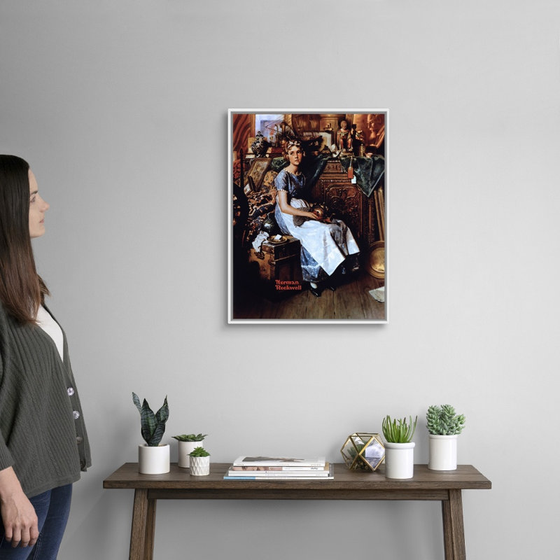 "Norman Rockwell Dreams In The Antique Shop", art mural sur toile, H 26 po x l 20 po x P 1,75 po, Cadre flottant blanc