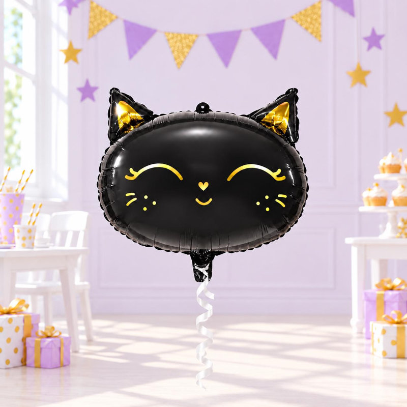 Ballon en forme de visage de chat noir avec détails dorés, anniversaire de chaton et décoration de fête
