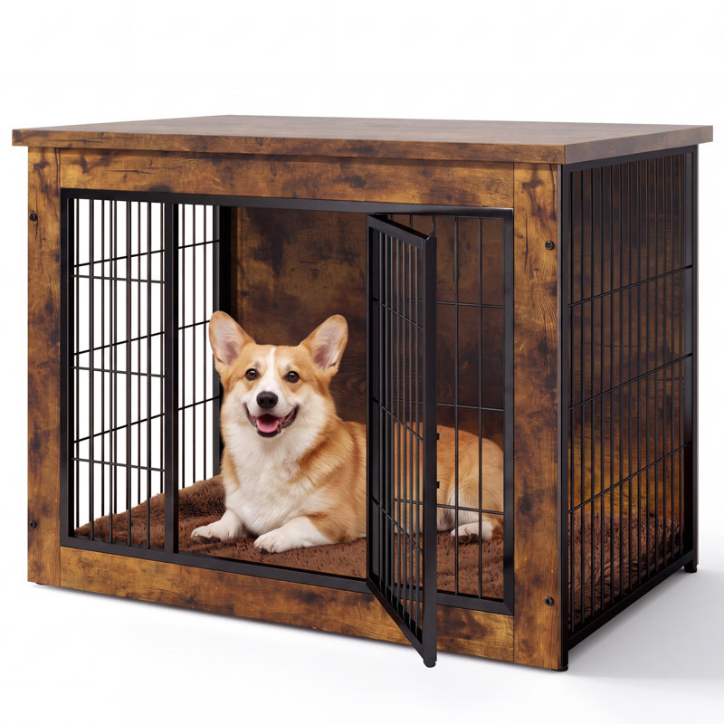 Table de bout avec cage amovible pour chien Gunji Furniture, M (L 32,6 po x l 22,1 po x H 25,3 po), Bois antique