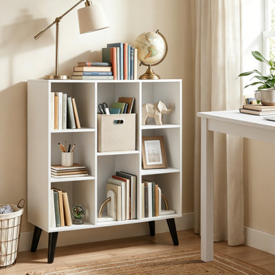 Bibliothèque de 8 cubes, 3 niveaux, pieds en métal surélevés, blanche, idéale pour le salon et le bureau.