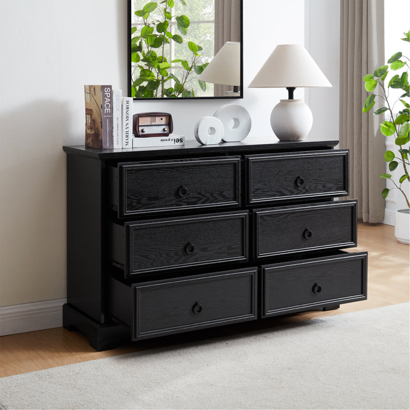 Modern Farmhouse 6-Drawer Chest Of Drawers For Bedroom, Wooden Bedroom Drawer Dresser With 6 Storage Drawers,6 Drawer Dresser Chests For Bedroom Black