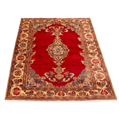 Splendid piece of work that is woven in Turkey with a re-interpretation of village Persian designs. The vintage and distressed look make this hand-knotted wool rug a natural standout.