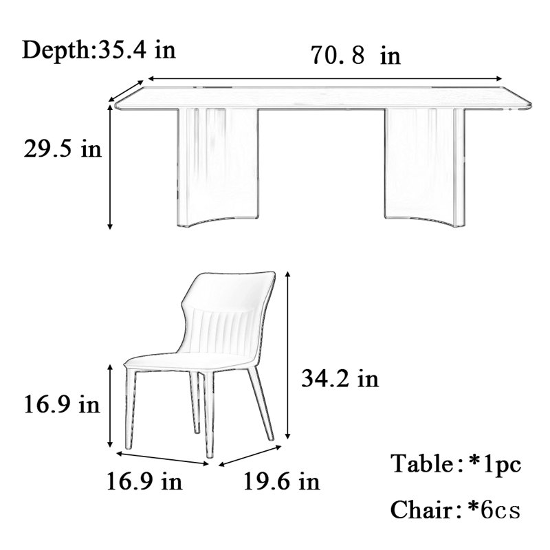 Table et chaise de salle à manger noir clair de luxe clair, H 29,5 po x L 70,8 po x l 35,4 po