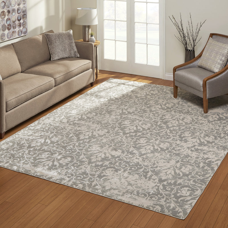 Tapis gris / crème à médaillon carreauté de style transitionnel Ares Lacreisha, Rectangle 5 pi 3 po x 7 pi