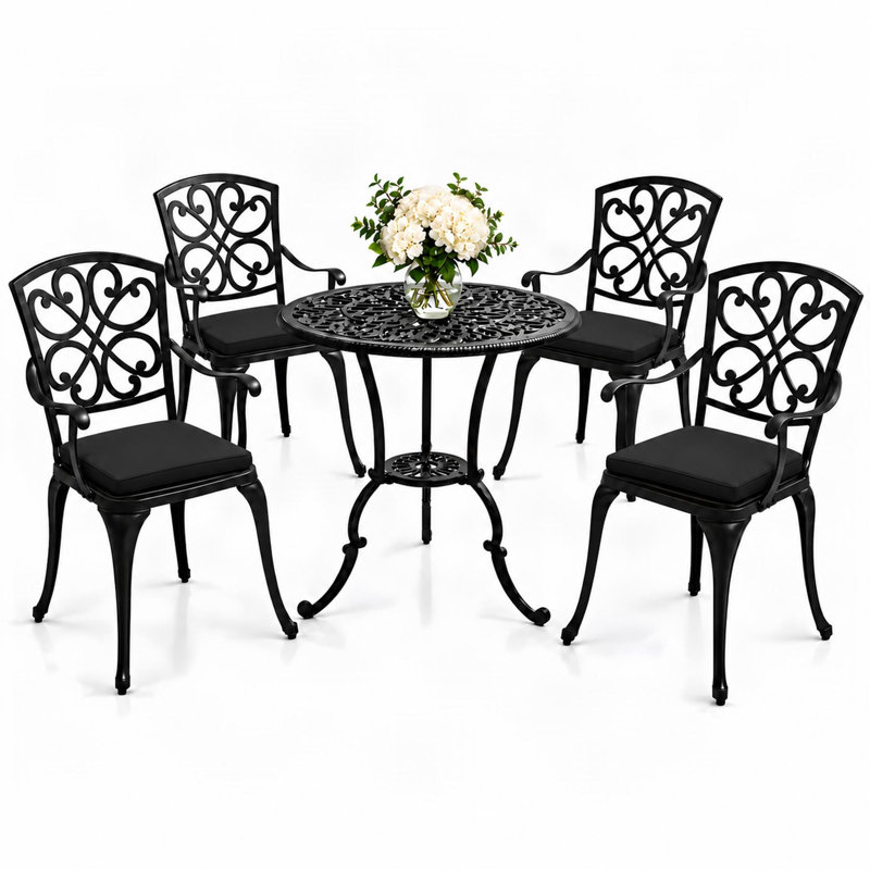 Patio Dining Set Table,, Black Cushions