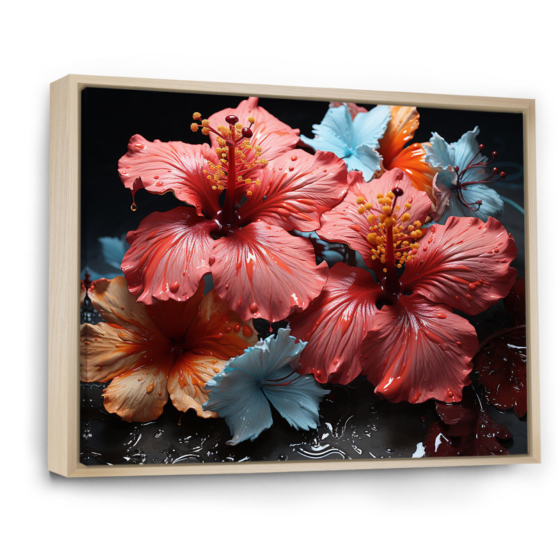 Hibiscus en fleurs sur verre, H 24 po x l 32 po x P 1 po, Cadre naturel flottant