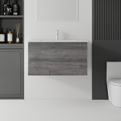 Meuble-lavabo suspendu de 91 cm (36 po) avec lavabo, 2 tiroirs à fermeture amortie, lavabo en céramique intégrée, armoire murale en contreplaqué, gris
