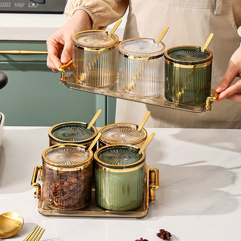 Acrylic Condiment Spice Jars,Condiment Spice Box With Lids And Spoons And Tray,Plastic Condiment Canisters,Seasoning Box 4 Pack,Seasoning Box Set For Kitchen To Storage Salt,Paprika,Sugar