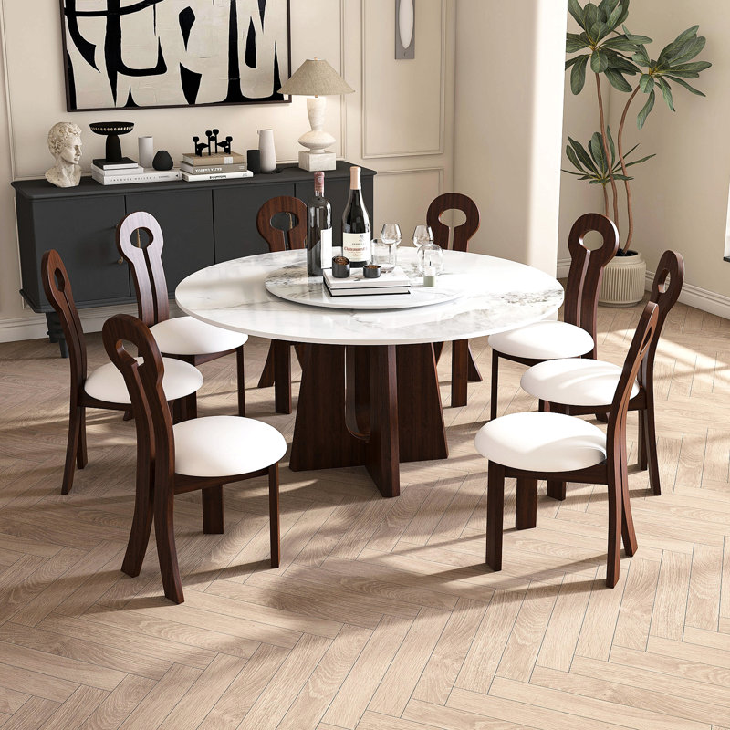 Table de salle à manger moderne en marbre, table de salle à manger ronde en pierre frittée avec base en bois de noyer massif, conception en croix robuste