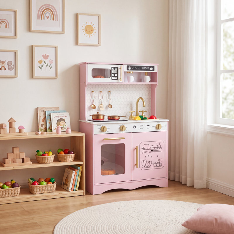 Cuisine en bois pour enfants avec lumières et sons, cuisine de jeu d'imitation avec accessoires pour les tout-petits de 3 à 8 ans