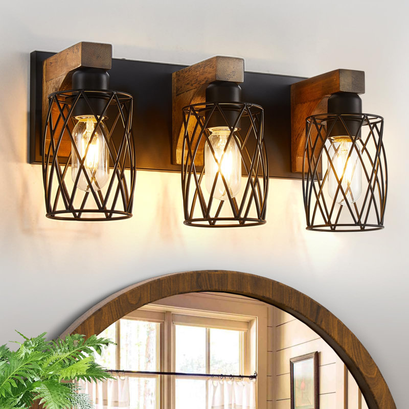 Éclairage pour meuble-lavabo industriel 3 lumières en bois et métal noir avec abat-jour en maille, 18'' / 3 Lights