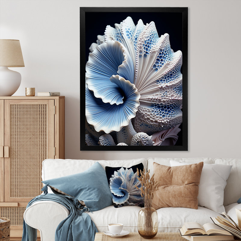 Craita, coquillage bleu, symphonie - coquillage, art mural, H 20 po x l 12 po x P 1 po, Cadre simple noir