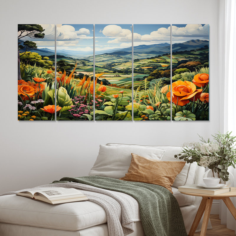 «Vietnam Hills Of Da Lat Floral Landscape», reproduction d'art sur toile - 5 panneaux égaux