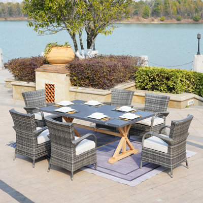 6 - Person Wicker Patio Dining Set with Rectangular Table , Cushions Included