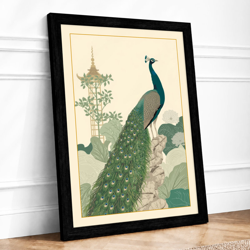 Peacock in Profile Japandi - Framed Print, A3 - 42.0 x 29.7 cm, Black