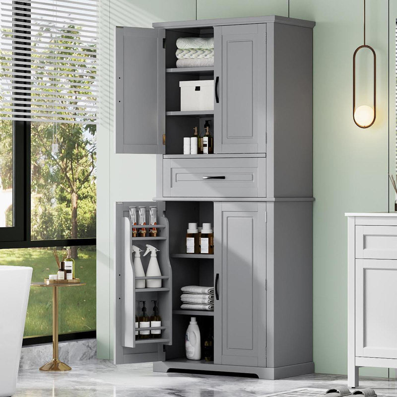 Bathroom Storage Cabinet With Multi-Functional Storage Space, Drawer With Slide Rails, Adjustable Shelf, Grey, Gray