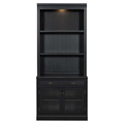 Bibliothèque de 83,4 po de hauteur avec éclairage DEL, bibliothèque moderne avec 2 portes en verre et 1 tiroir, bibliothèque de rangement avec tablettes ouvertes pour le salon, le bureau