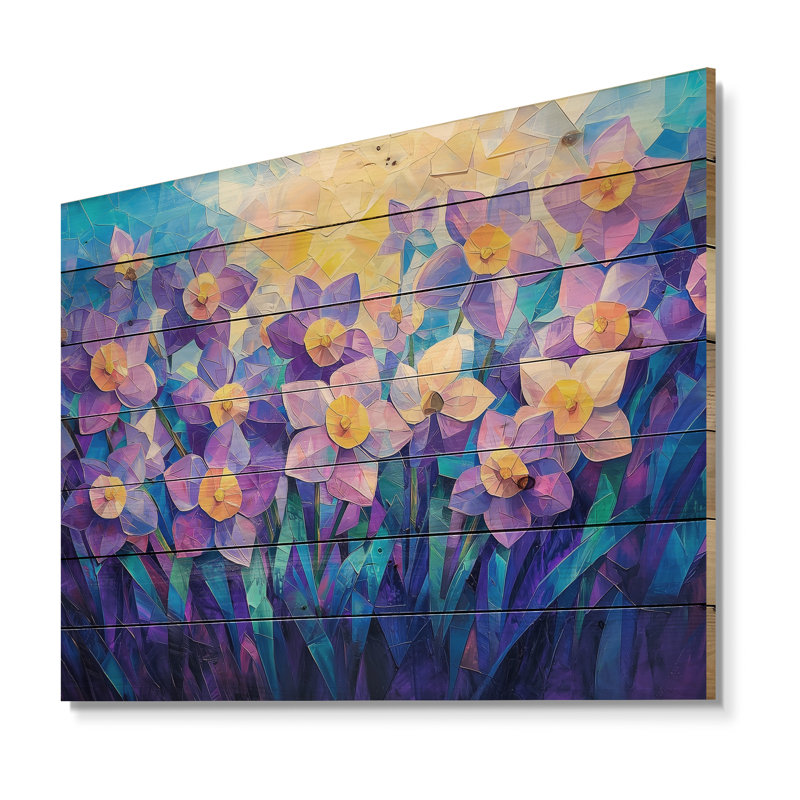 Lavande harmonie de jonquilles en été II - Décoration murale traditionnelle en bois sur bois de pin naturel