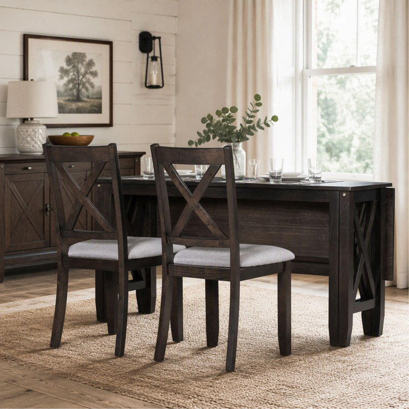Ensemble de salle à manger familiale 6 pièces avec table pliante gain de place en bois massif, 4 chaises et banc, Espresso