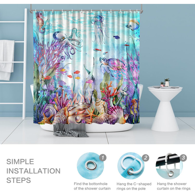 Ensemble de rideau de douche Blue Ocean Marine Life - Tissu de polyester épais et imperméable avec motif HD World Underwater