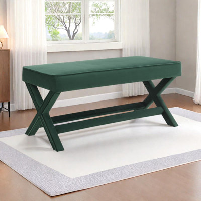 Banc rembourré en velours avec pieds en X croisés et coussin passepoilé pour le salon de la chambre à coucher