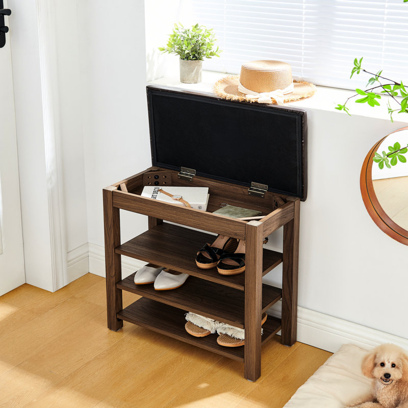 Tabouret réglable en hauteur confortable, bois d'hévéa brun, cuir, espace de rangement et banc pratique, hauteur réglable, trois couches de ventilation