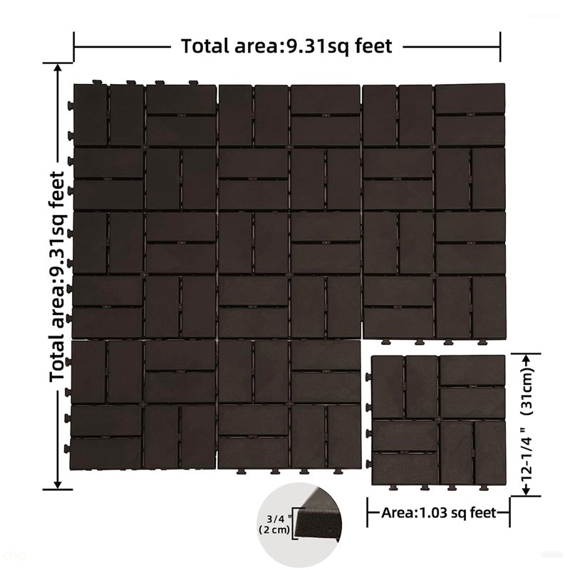 Carreaux de terrasse à emboîtement de patio, tuiles de terrasse carrées composites de 12 po x 12 po, carrelage de sol extérieur en plastique à quatre lattes pour cour arrière de porche de balcon (paquet de 9)
