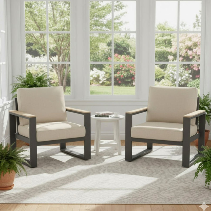 Fauteuils de patio de 28,6 po en aluminium toutes saisons avec coussins beiges épais, hauteur réglable pour les surfaces inégales, conception ergonomique des sièges confortables, confort optimal