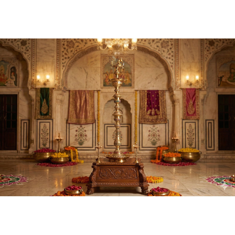 Lampe sur pied 66 pouces en laiton avec finition émaillée Meenakari, Grand Indian Anam Peacock Diya pour déclaration Lightin