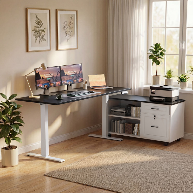 Standing Desk With Spacious File Cabinet, L-Shaped Height Adjustable Desk With Sturdy Structure for Home Office, Black/White