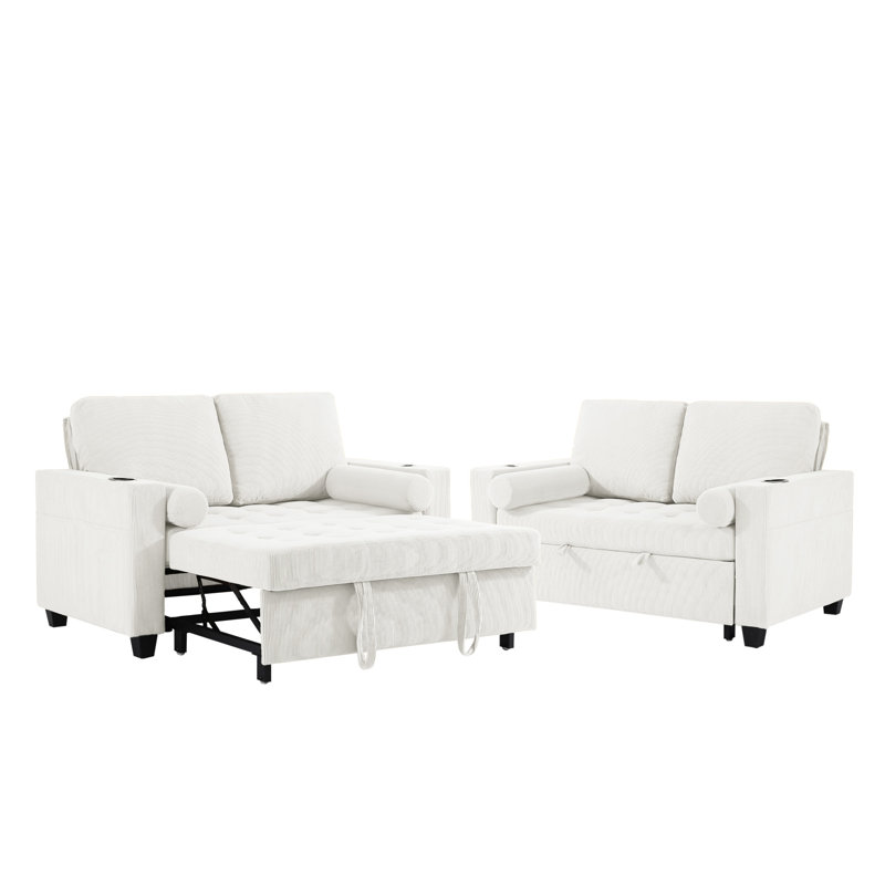 Upholstered Tufted Convertible Pull-Out Sleeper Sofa Bed - Adjustable Backrest With 2 Soft Pillows, Beige